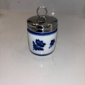 Williams & Sonoma Blue and White Floral Jar with Silver Lid